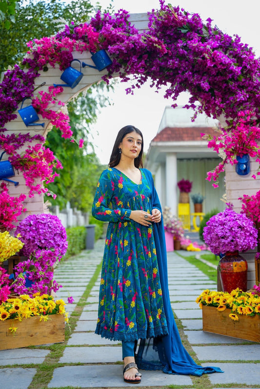 Printed Suit With Trousers & Dupatta