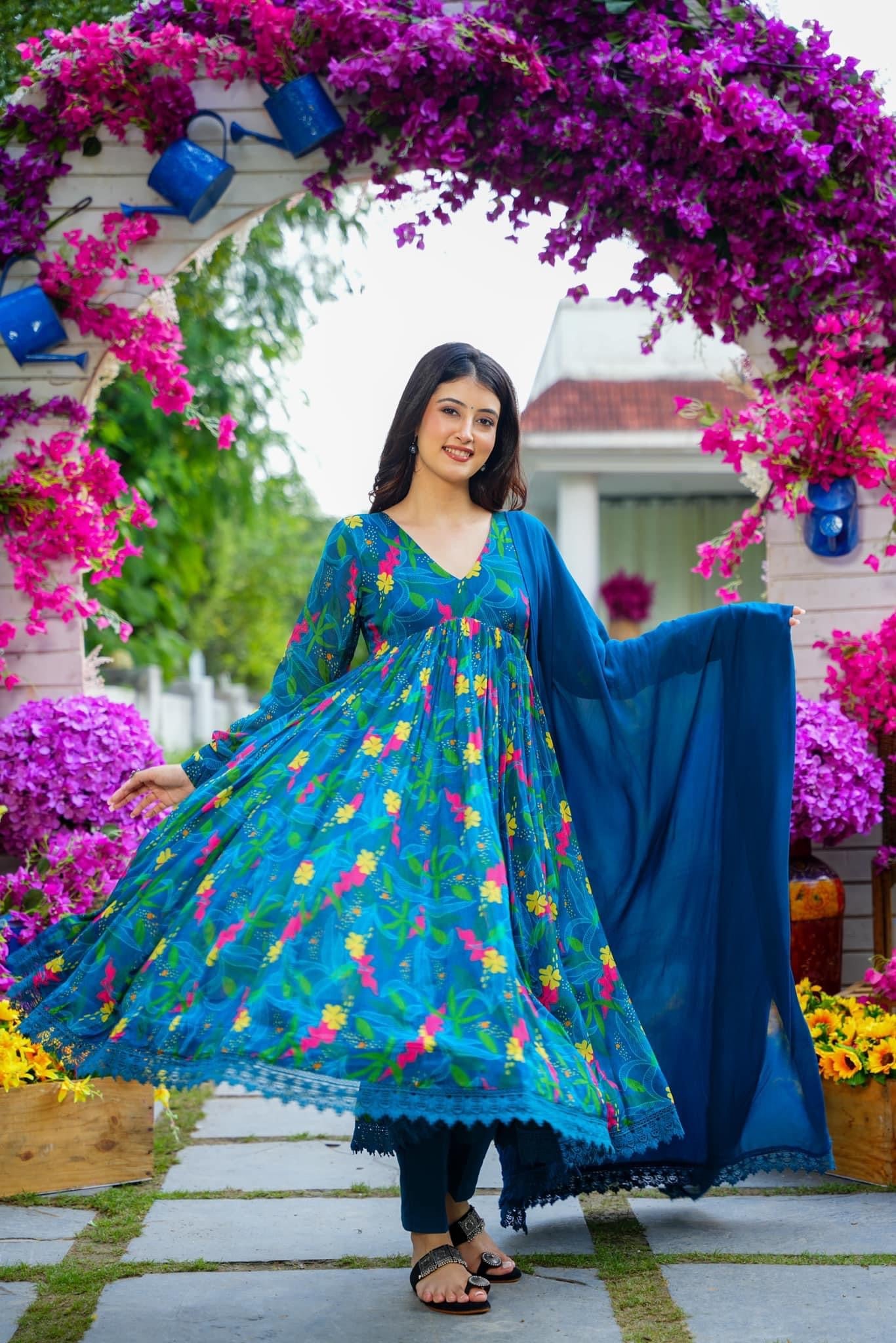 Printed Suit With Trousers & Dupatta