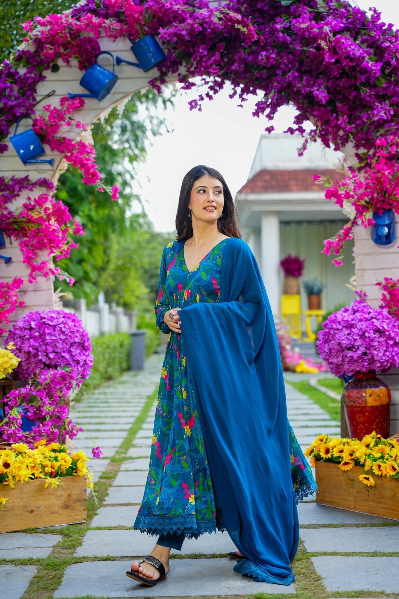 Printed Suit With Trousers & Dupatta