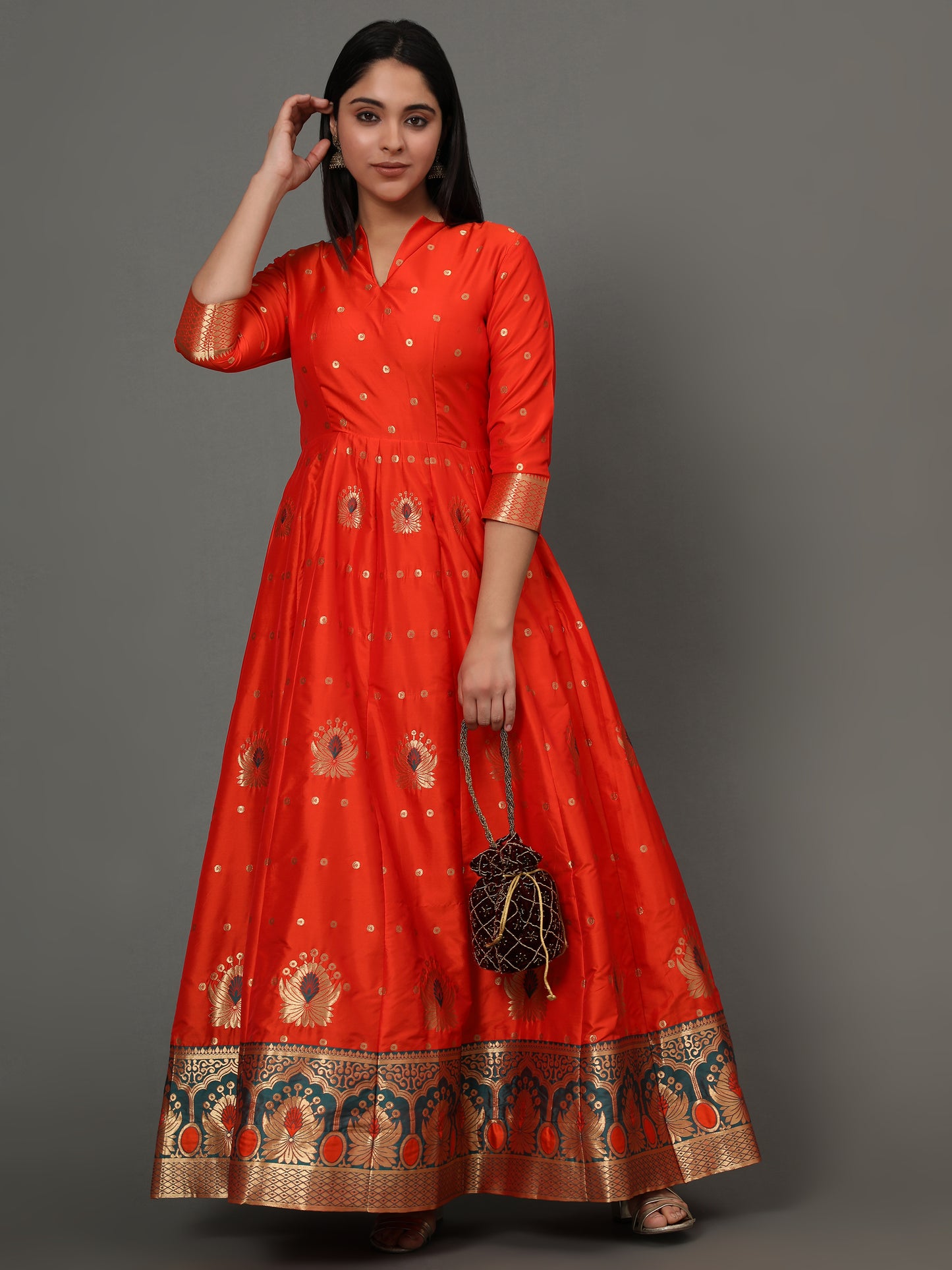 Vaani Creation Semi Stitched Jacquard Silk Gown (Free Size)