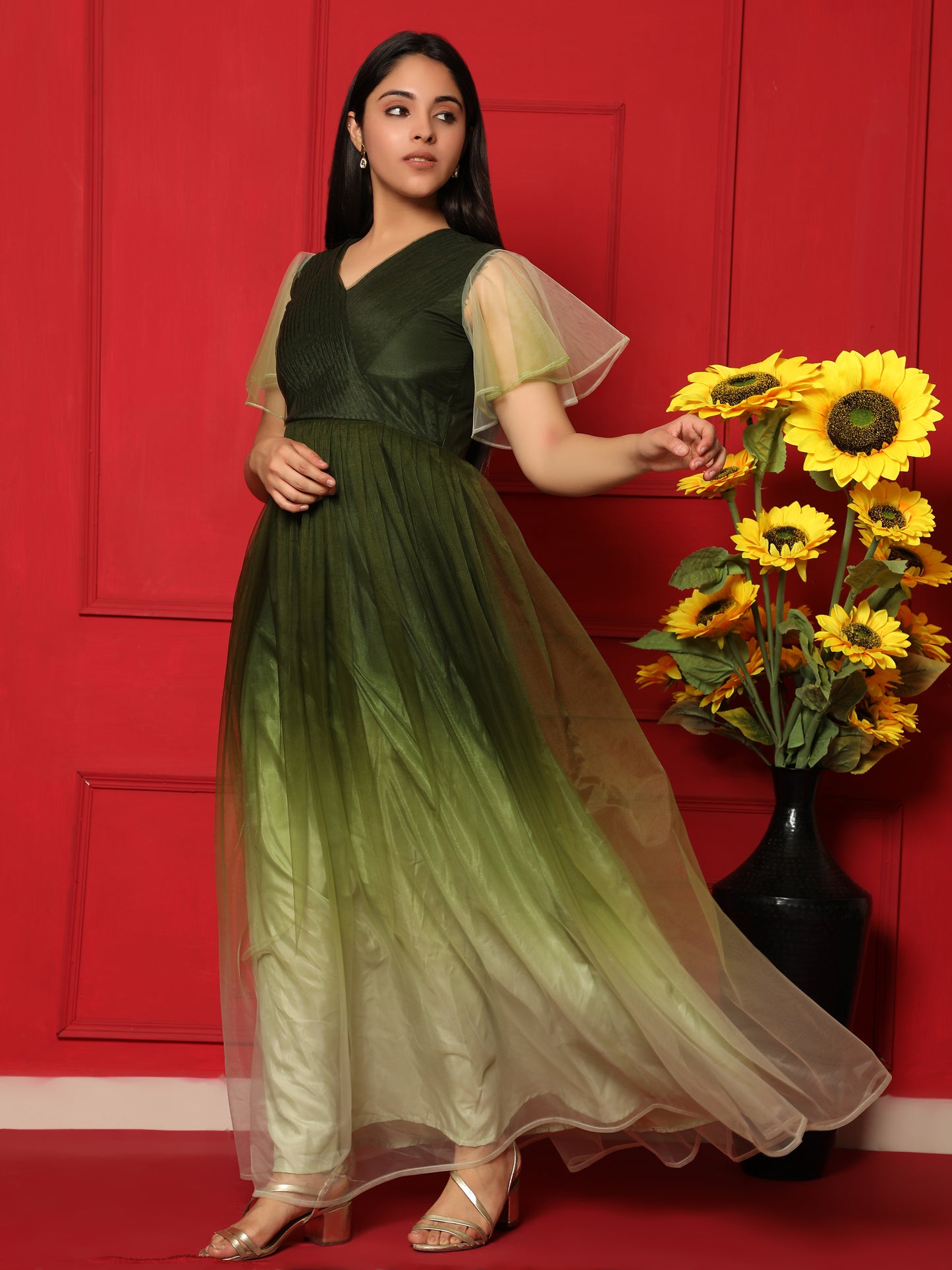 Vaani Creation Shading Net Pleated Gown
