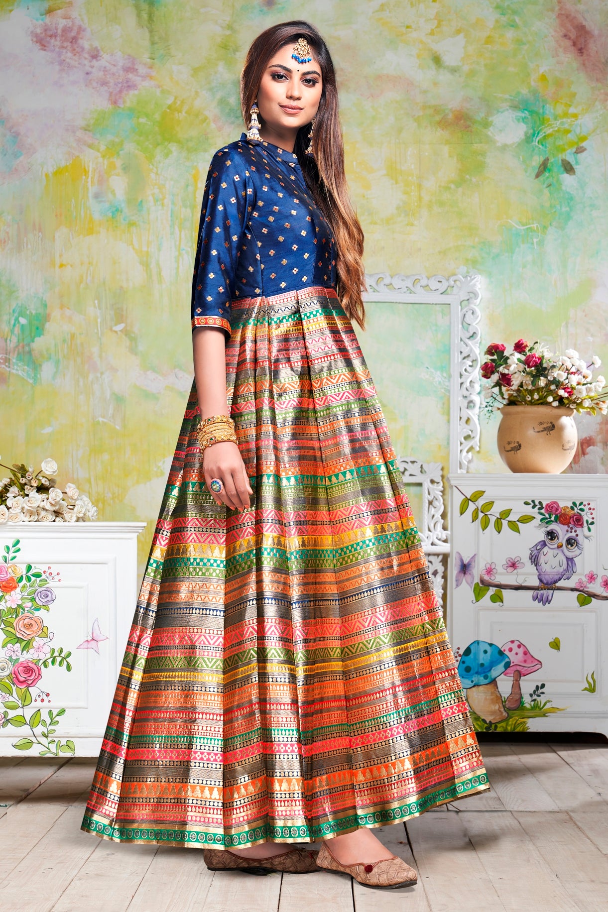 Vaani Creation Semi Stitched Jacquard Silk Gown (Free Size)