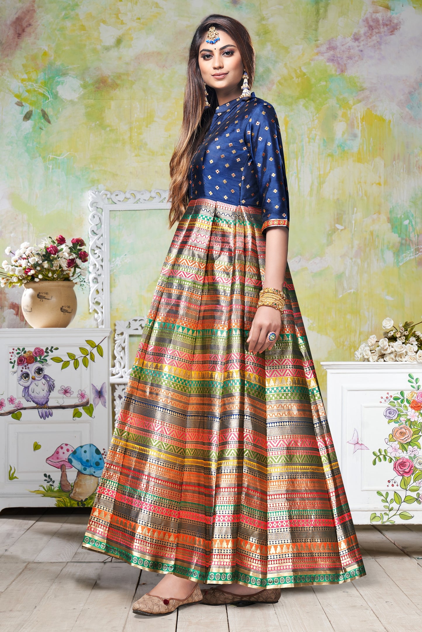 Vaani Creation Semi Stitched Jacquard Silk Gown (Free Size)
