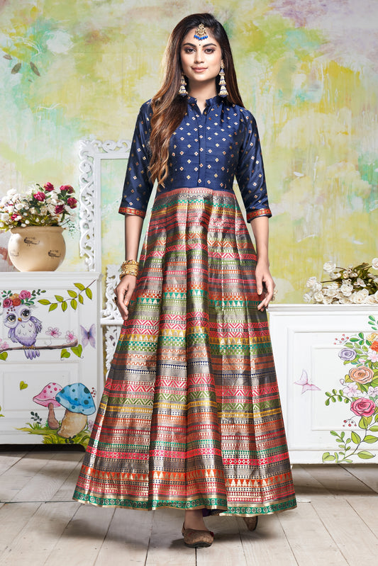 Vaani Creation Semi Stitched Jacquard Silk Gown (Free Size)