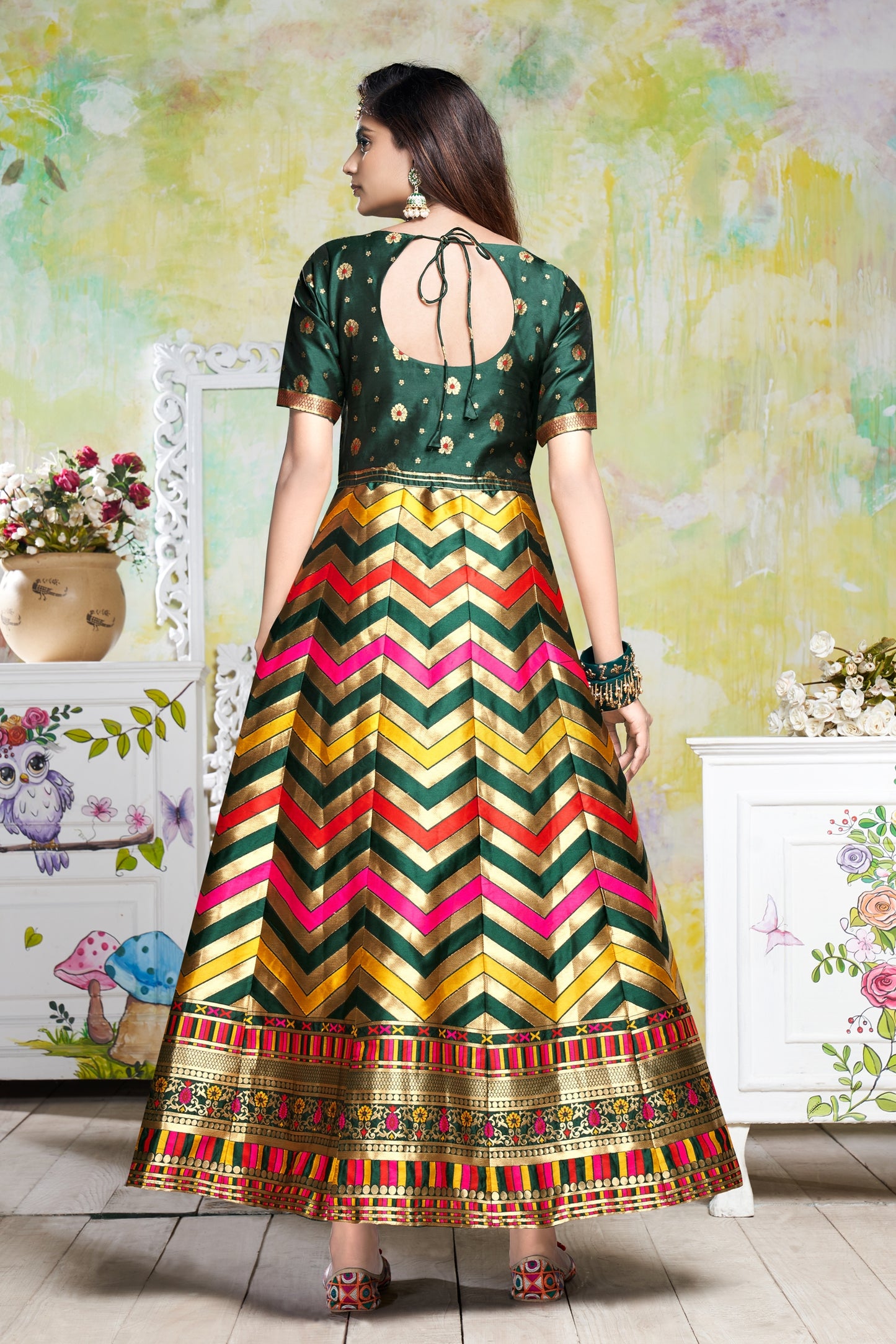 Vaani Creation Semi Stitched Jacquard Silk Gown (Free Size)