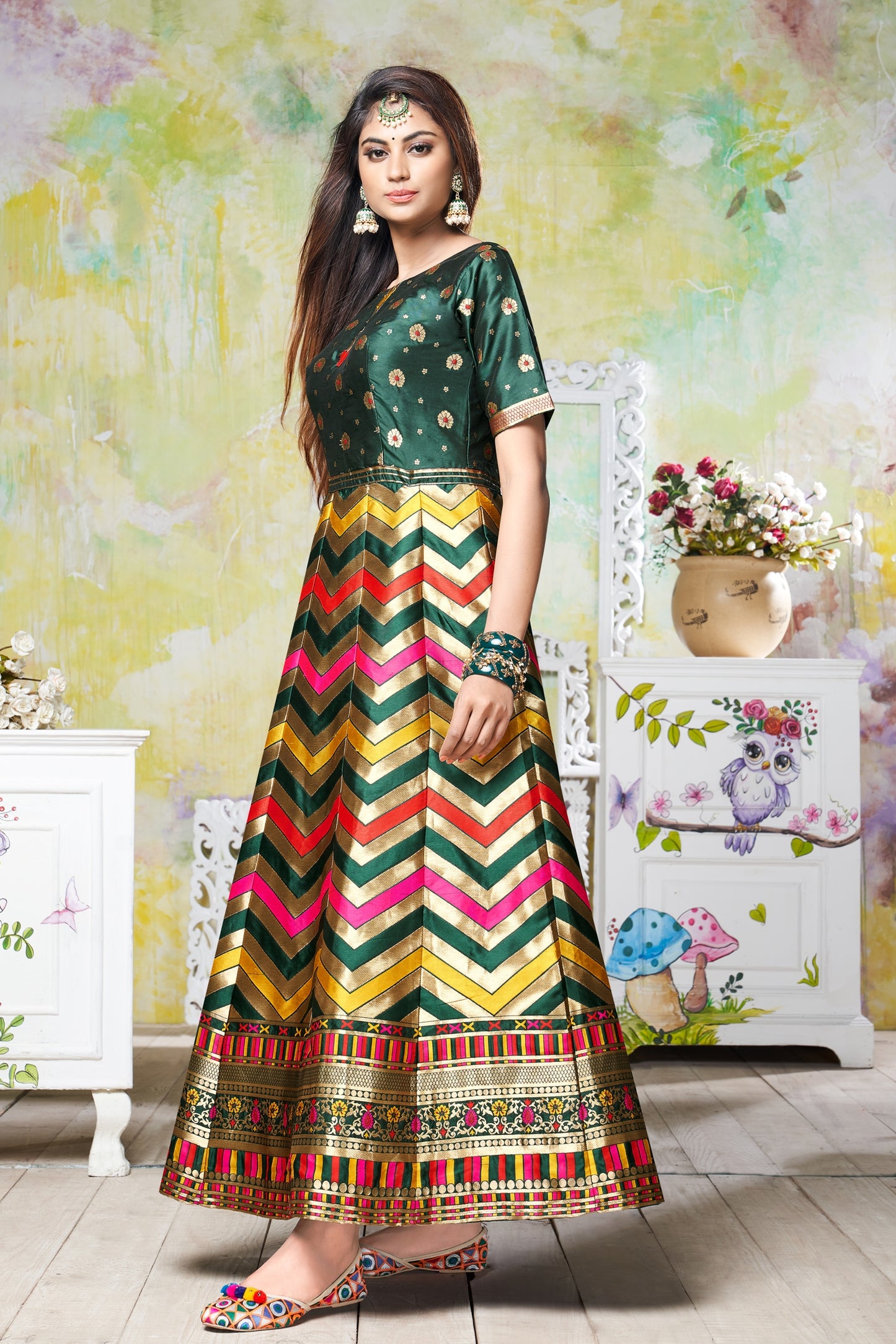 Vaani Creation Semi Stitched Jacquard Silk Gown (Free Size)