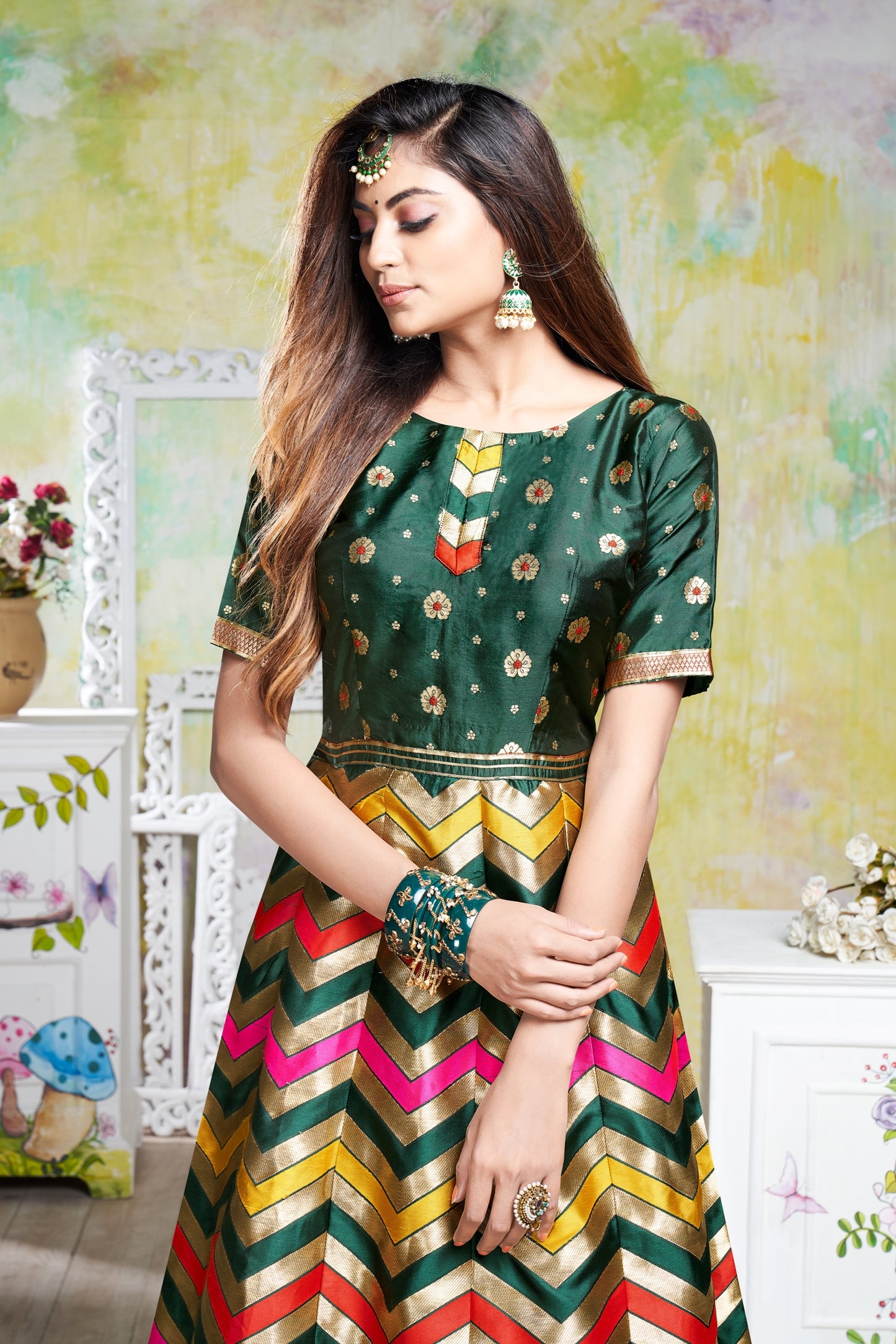 Vaani Creation Semi Stitched Jacquard Silk Gown (Free Size)