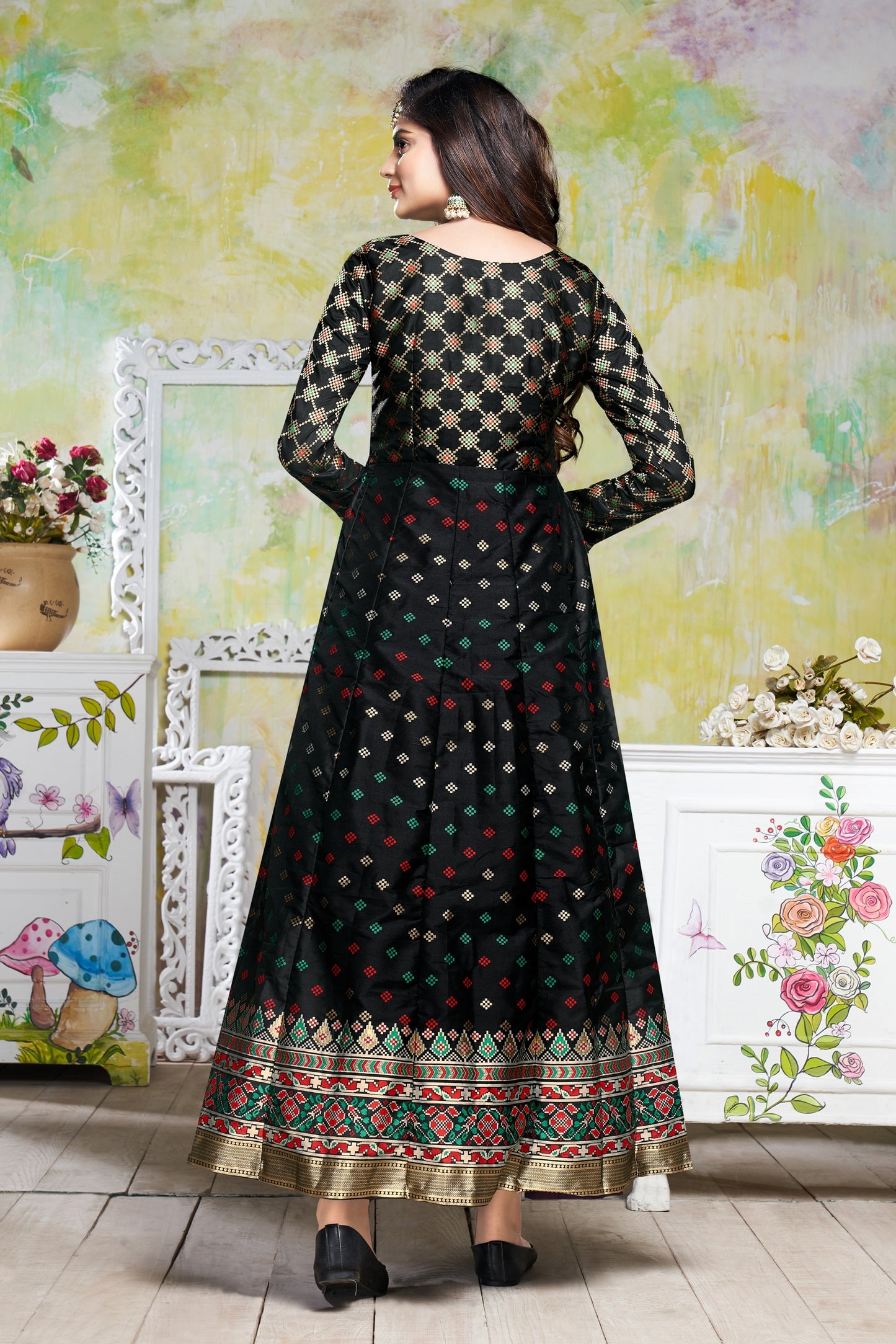 Vaani Creation Semi Stitched Jacquard Silk Gown (Free Size)