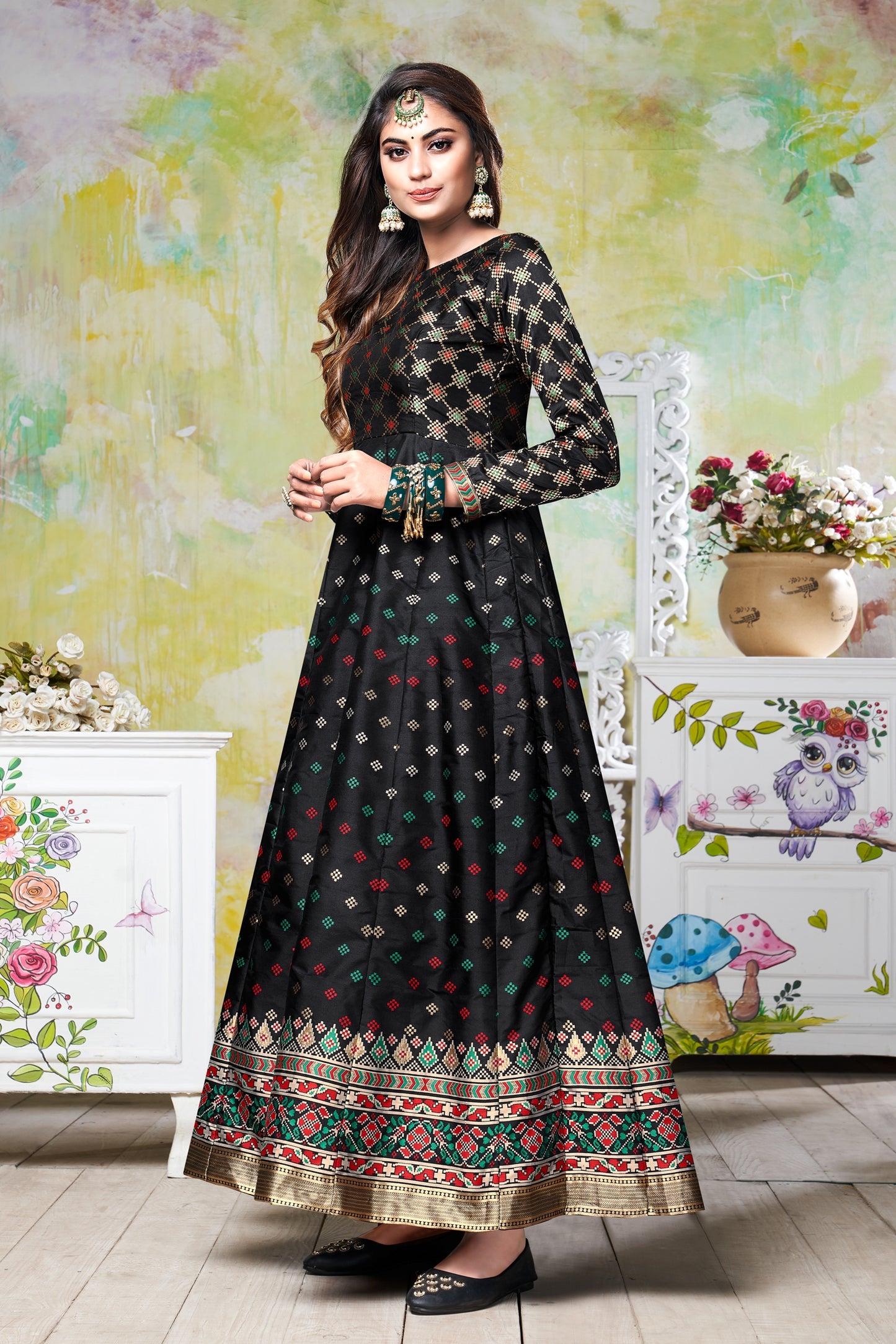 Vaani Creation Semi Stitched Jacquard Silk Gown (Free Size)