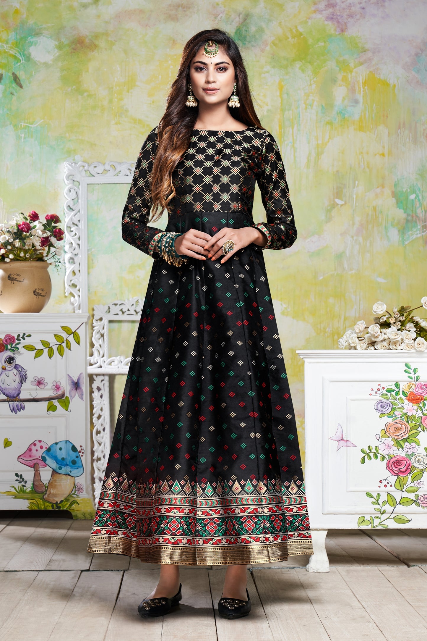 Vaani Creation Semi Stitched Jacquard Silk Gown (Free Size)