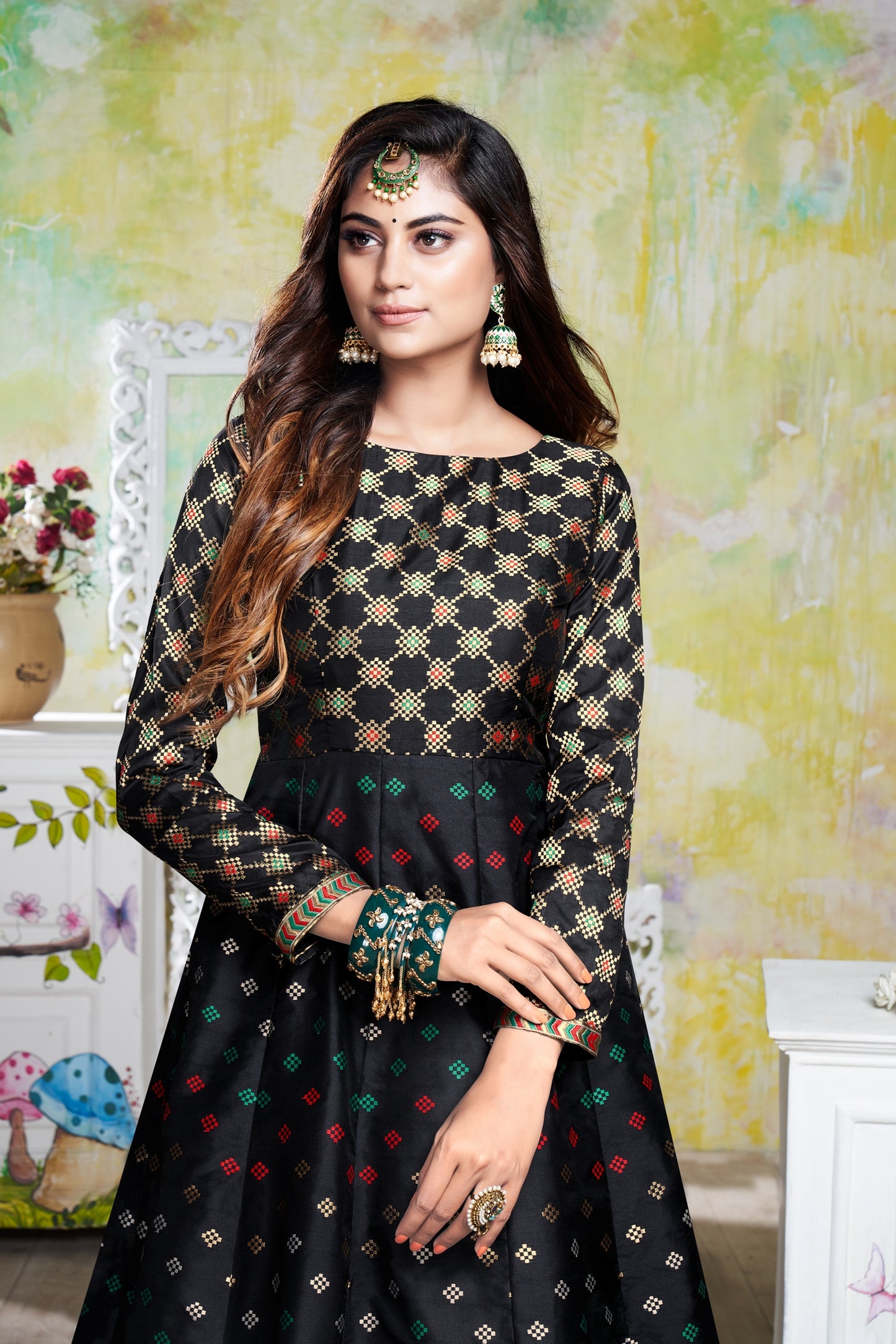 Vaani Creation Semi Stitched Jacquard Silk Gown (Free Size)