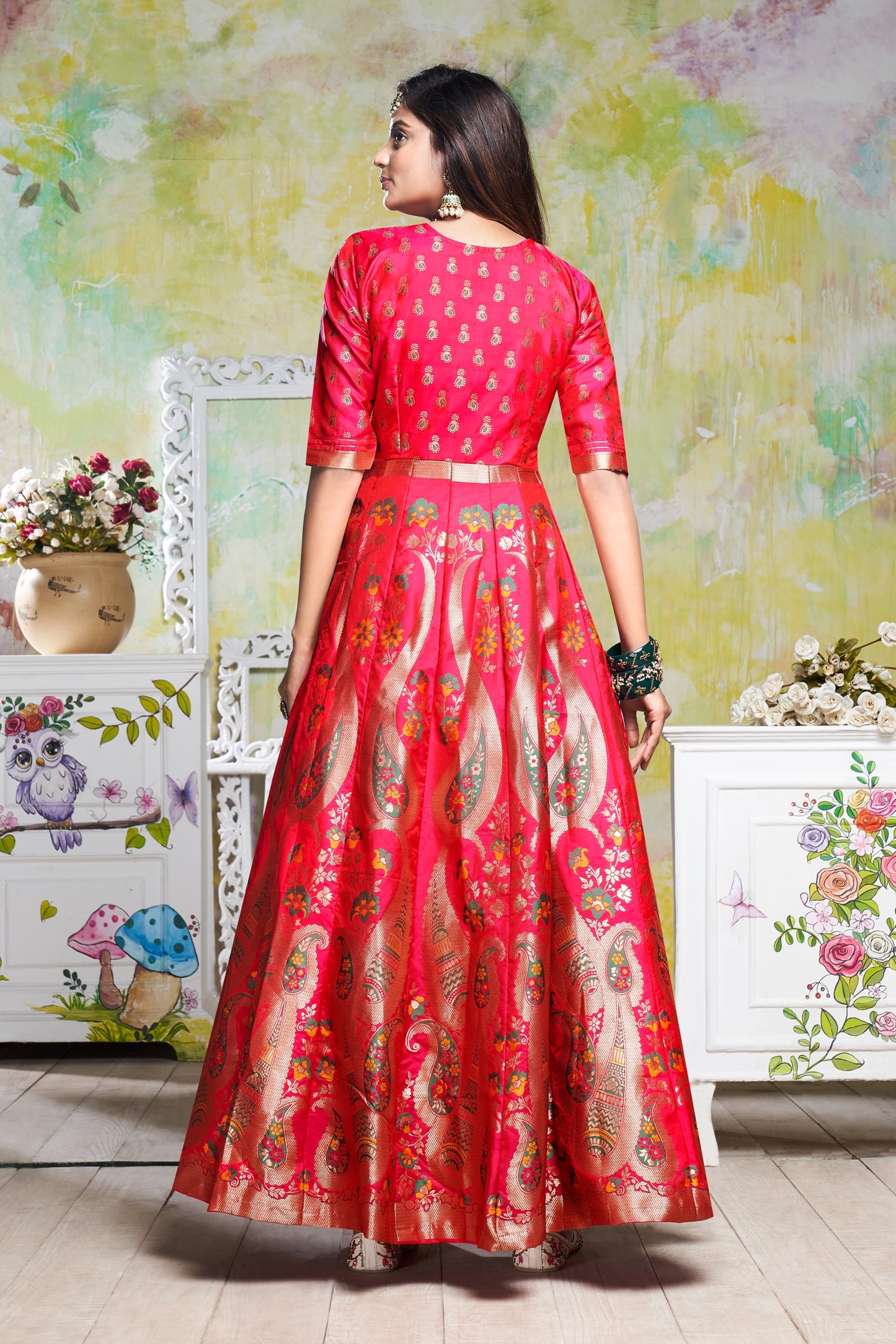 Vaani Creation Semi Stitched Jacquard Silk Gown (Free Size)