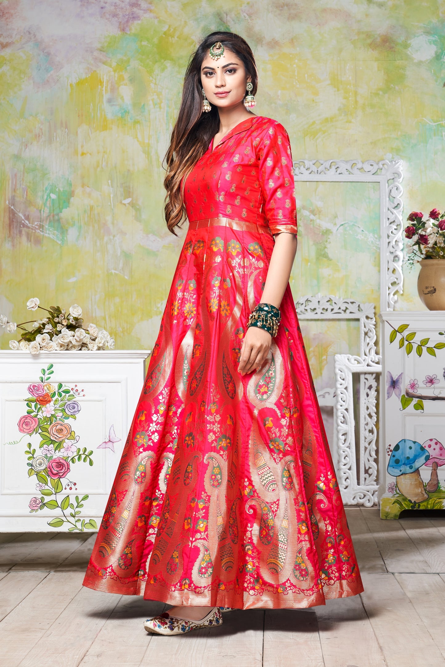 Vaani Creation Semi Stitched Jacquard Silk Gown (Free Size)