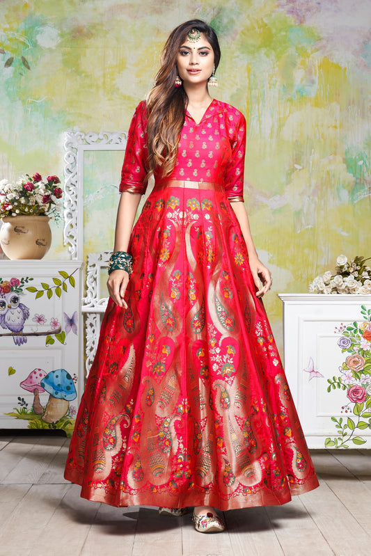 Vaani Creation Semi Stitched Jacquard Silk Gown (Free Size)