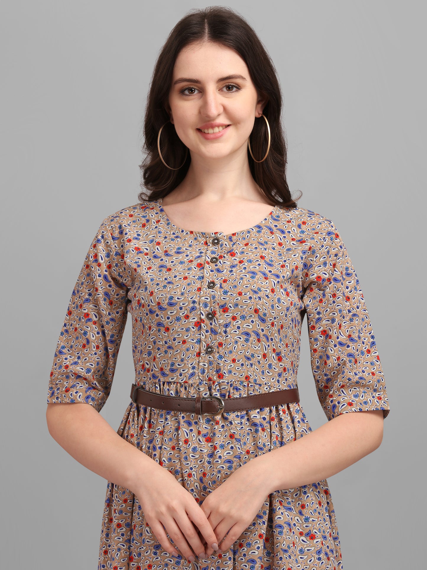 Vaani Creation Women's Floral Printed Midi Dress with Belt