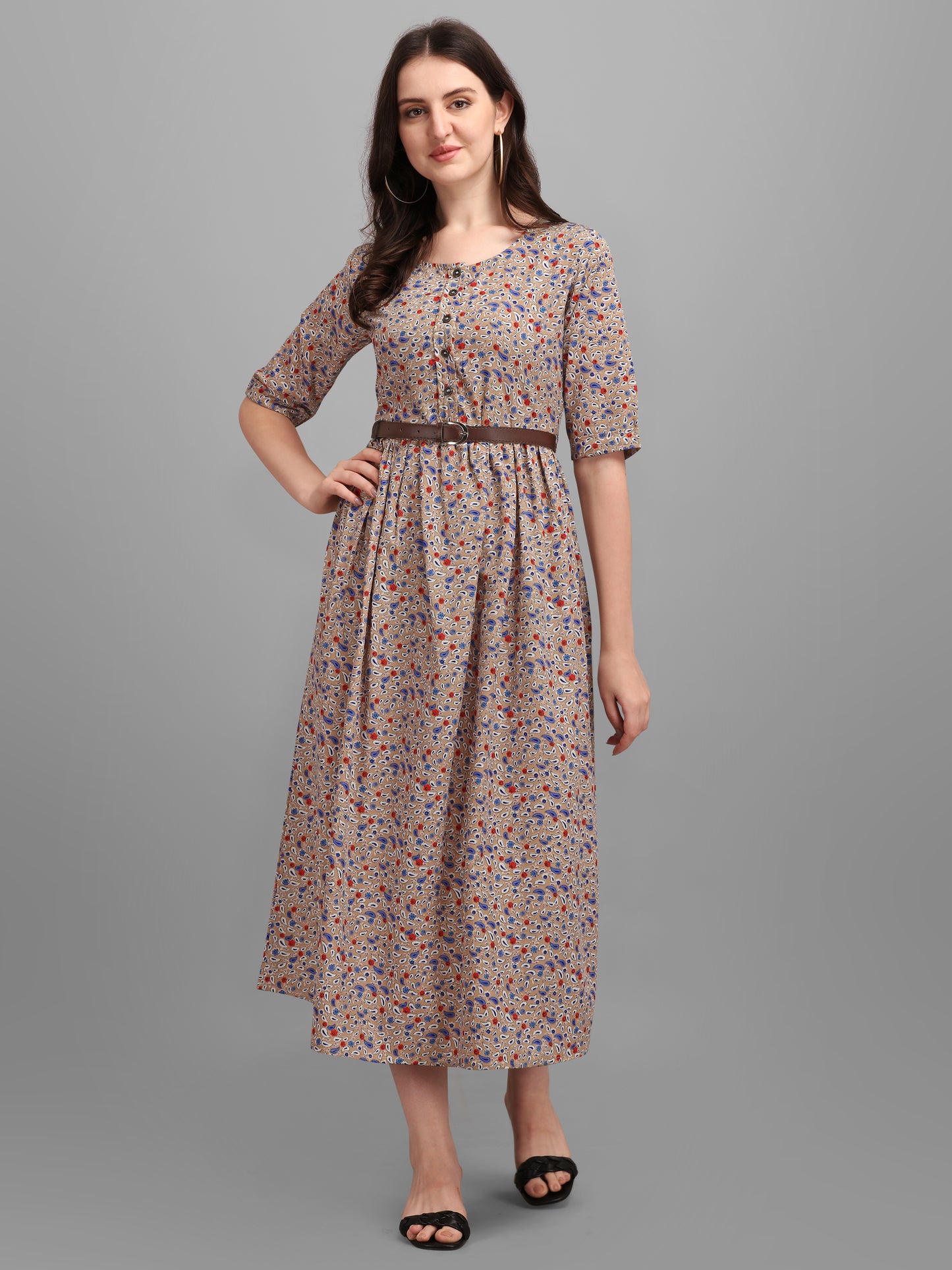 Vaani Creation Women's Floral Printed Midi Dress with Belt