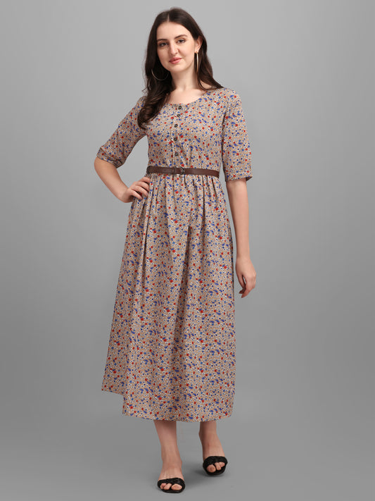 Vaani Creation Women's Floral Printed Midi Dress with Belt