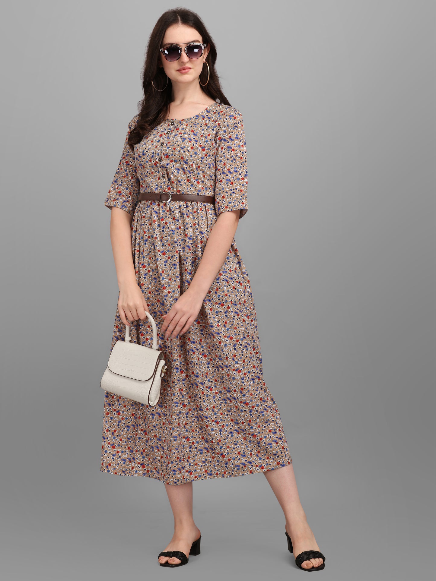 Vaani Creation Women's Floral Printed Midi Dress with Belt
