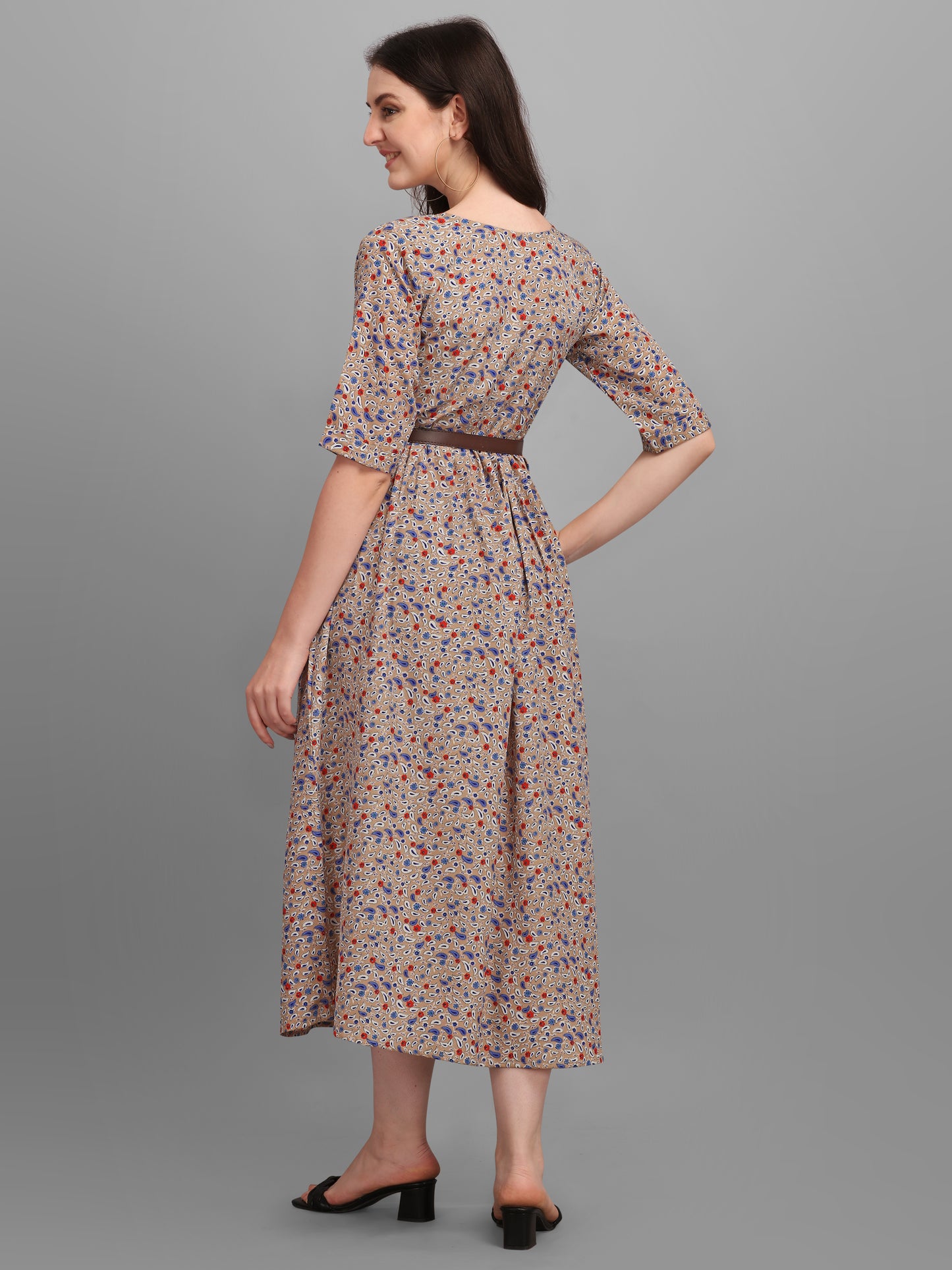 Vaani Creation Women's Floral Printed Midi Dress with Belt