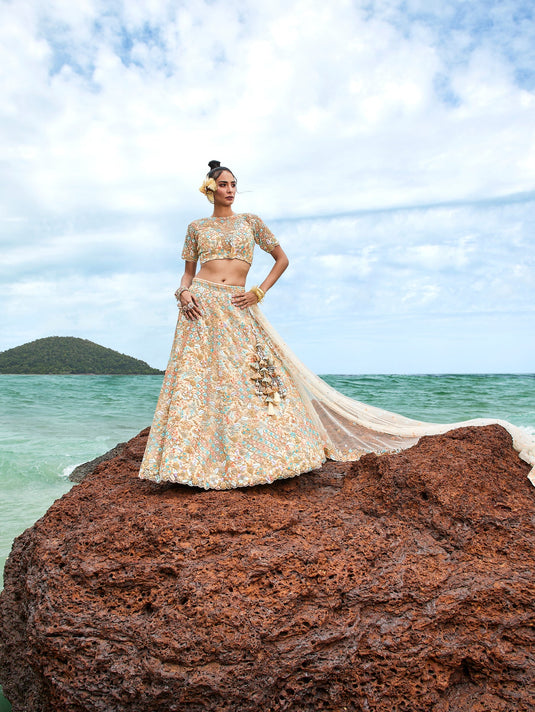 Multi colour Sequins, Zarkans and Thread Embroidered Net Semi-Stitched Lehenga