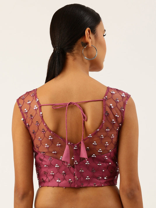 Rose Gold-Toned Sequins Work Net Readymade Blouse