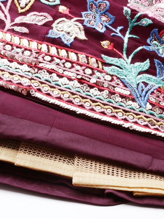 Net Multi colour Thread & Sequins Work Semi-Stitched Lehenga