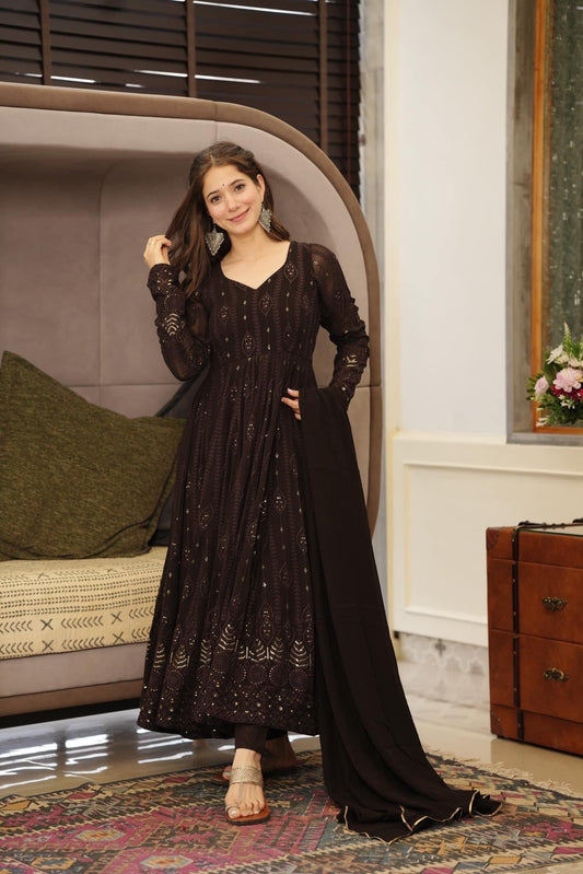 Brown Ethnic Motifs Embroidered Sequinned Kurta & Trousers With Dupatta