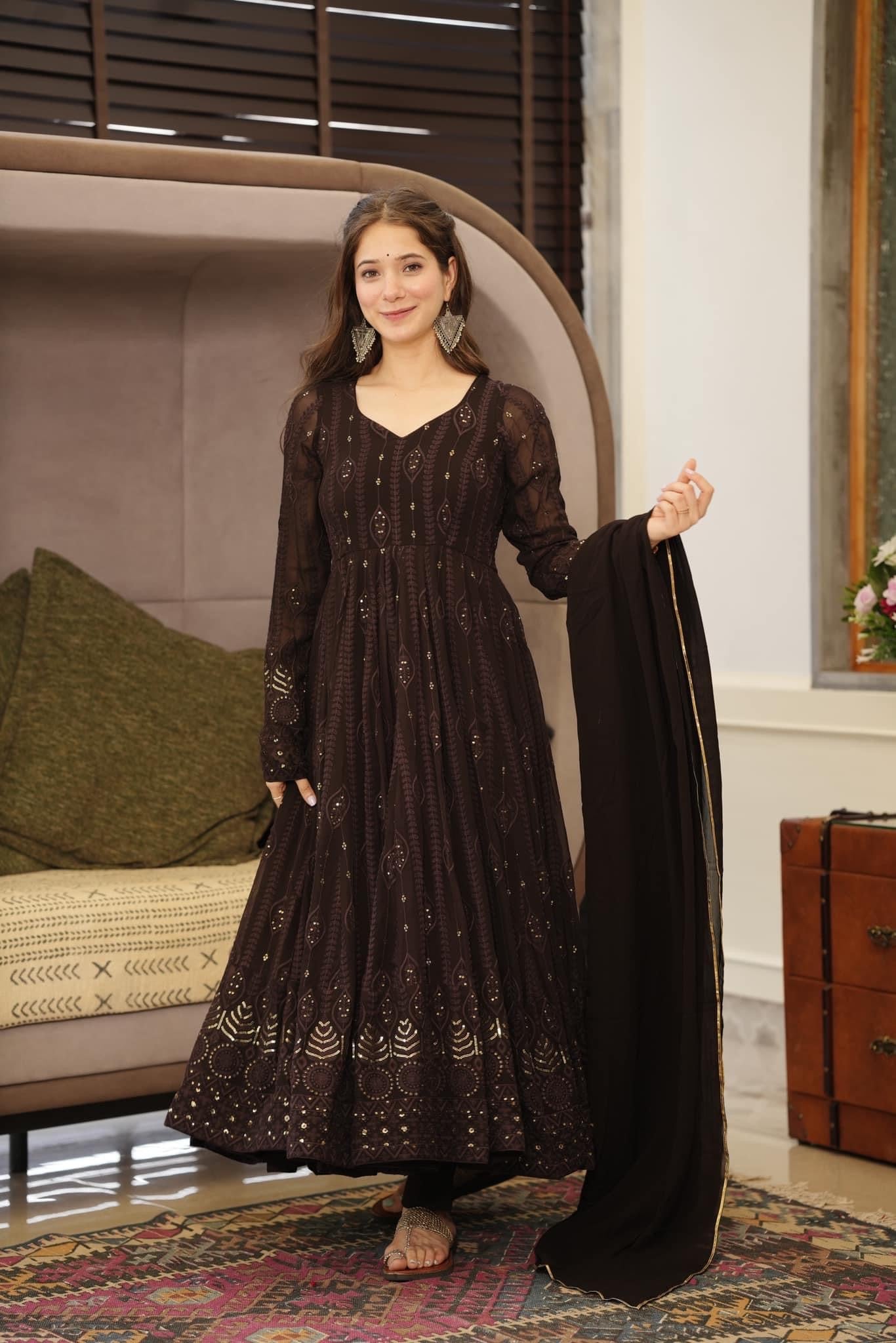 Brown Ethnic Motifs Embroidered Sequinned Kurta & Trousers With Dupatta