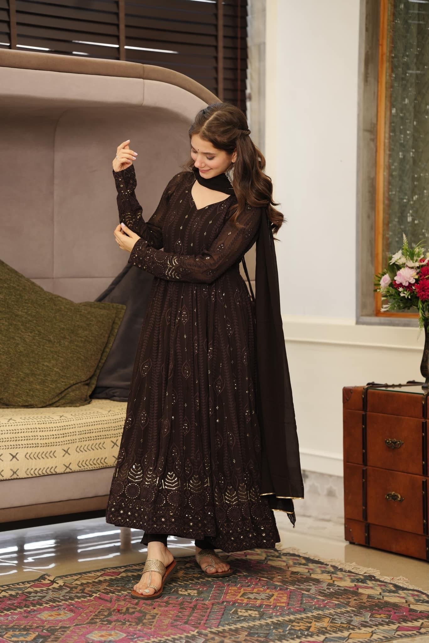 Brown Ethnic Motifs Embroidered Sequinned Kurta & Trousers With Dupatta