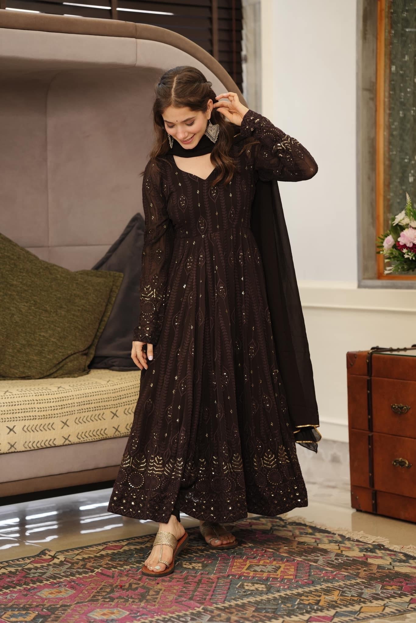 Brown Ethnic Motifs Embroidered Sequinned Kurta & Trousers With Dupatta