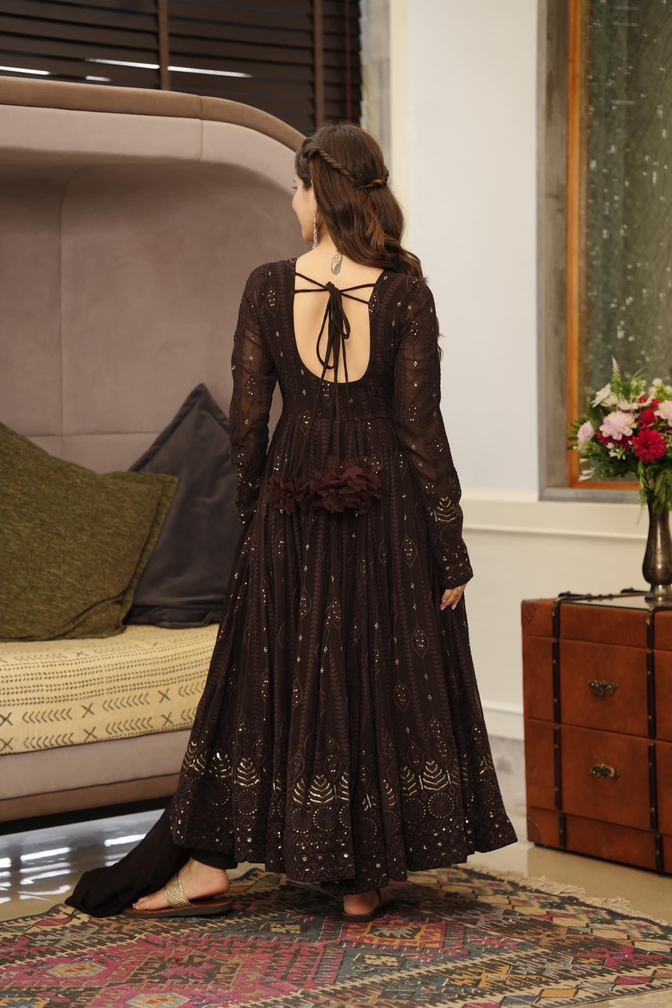 Brown Ethnic Motifs Embroidered Sequinned Kurta & Trousers With Dupatta
