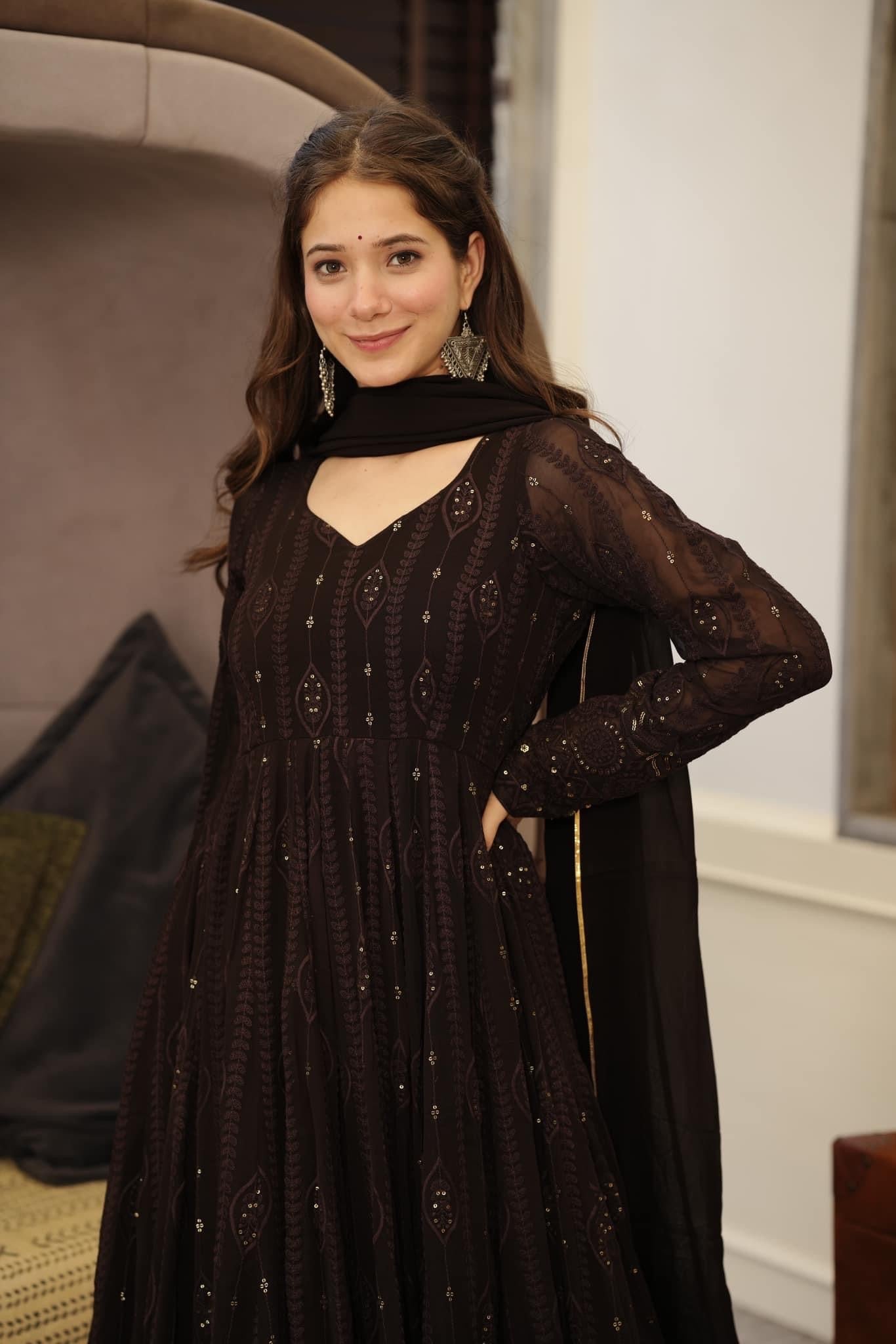 Brown Ethnic Motifs Embroidered Sequinned Kurta & Trousers With Dupatta