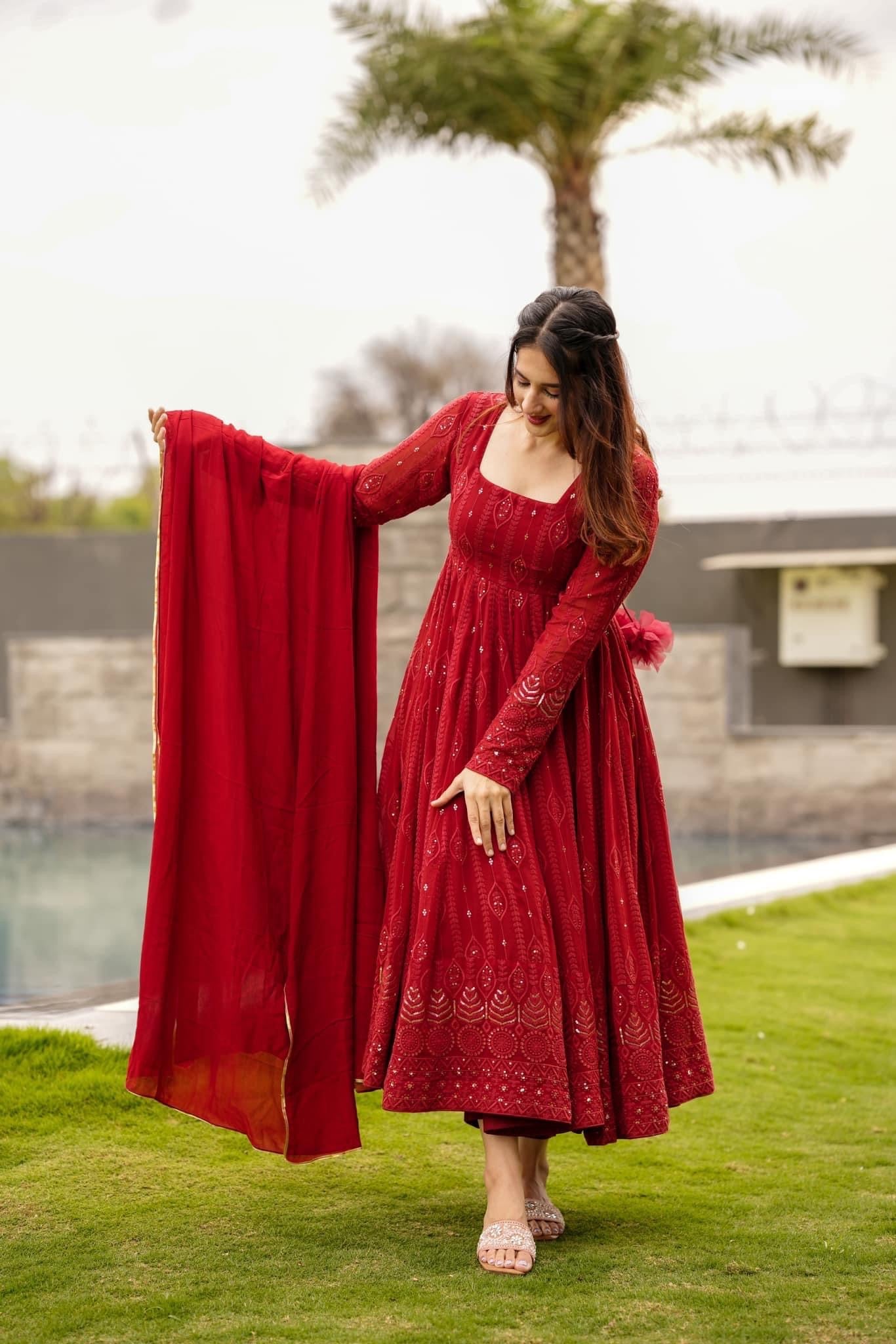 Red Ethnic Motifs Embroidered Sequinned Kurta & Trousers With Dupatta