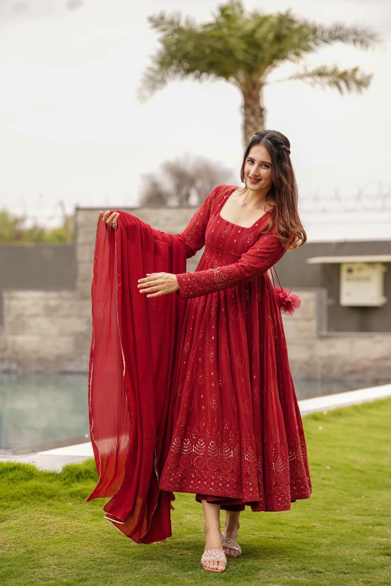 Red Ethnic Motifs Embroidered Sequinned Kurta & Trousers With Dupatta