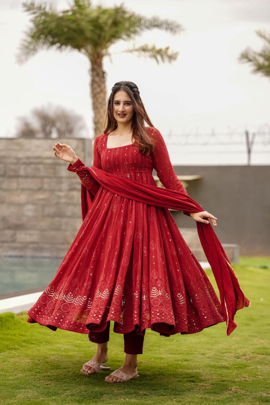 Red Ethnic Motifs Embroidered Sequinned Kurta & Trousers With Dupatta