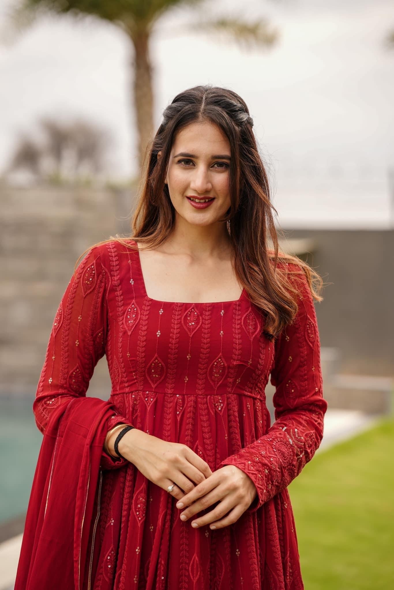 Red Ethnic Motifs Embroidered Sequinned Kurta & Trousers With Dupatta